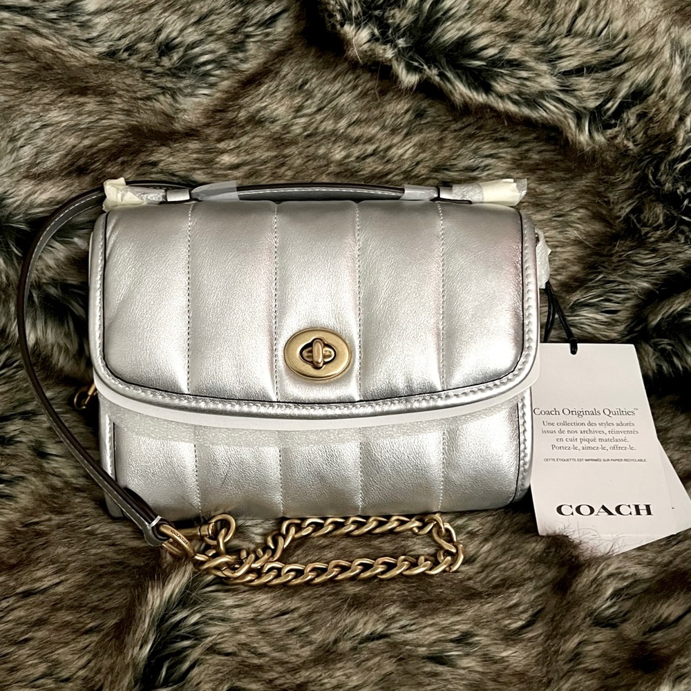 NWT Coach Kip Turnlock Crossbody With Quilting - Metallic Silver